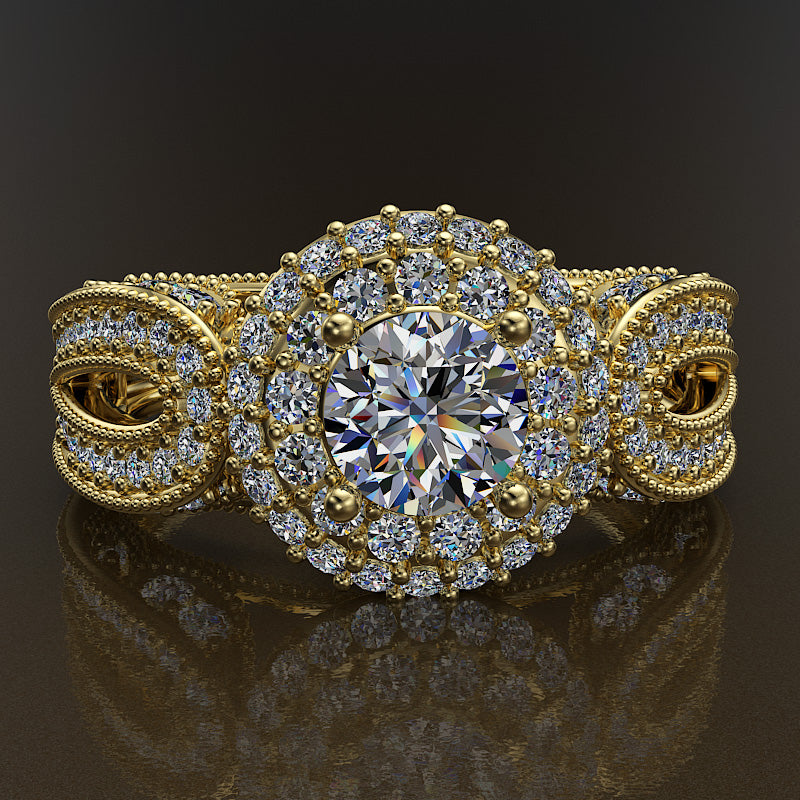 1.3ct Round Cut Diamond Halo Gold Engagement Ring - 02US03