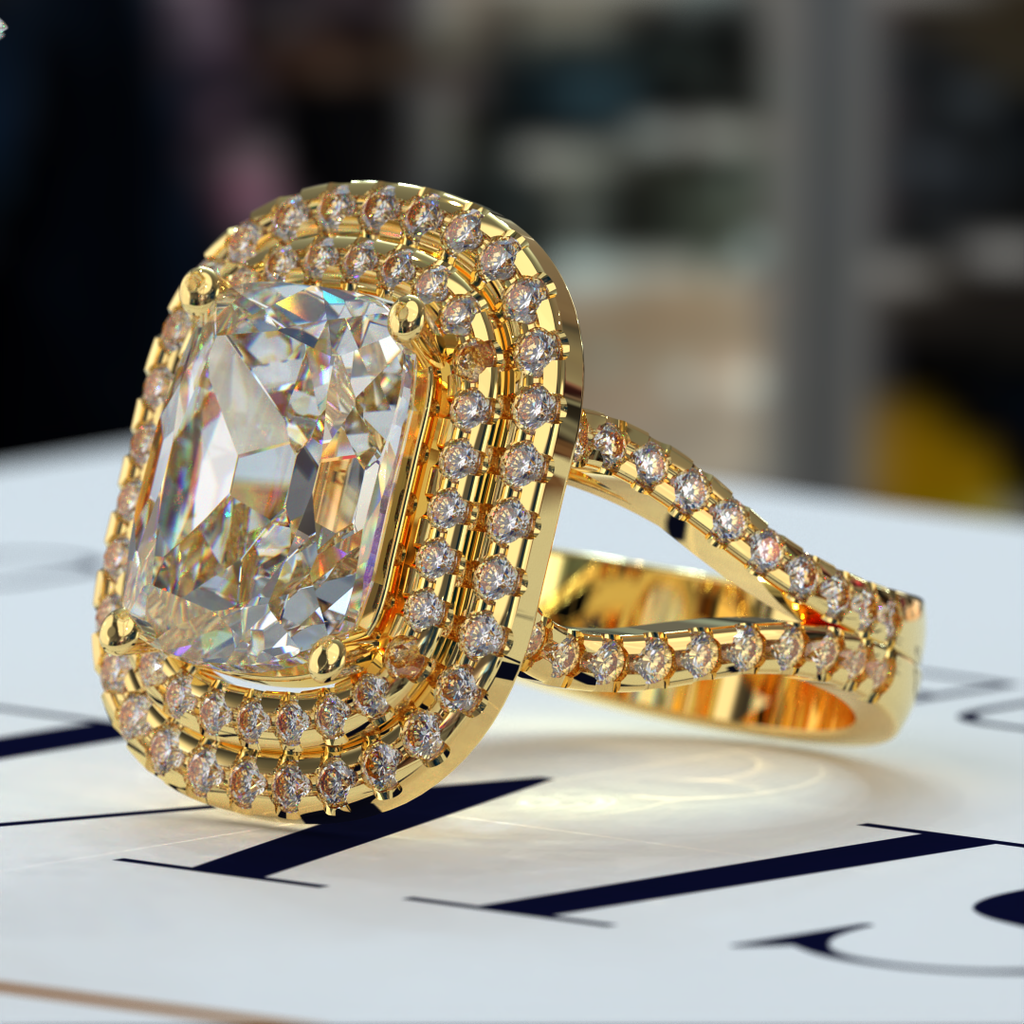 9.83ct Cushion cut Double Halo Split Shank Gold Engagement Ring - 04US60