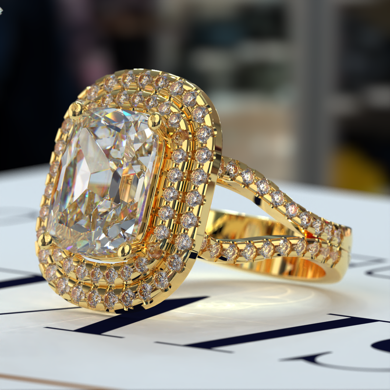 9.83ct Cushion cut Double Halo Split Shank Gold Engagement Ring - 04US60