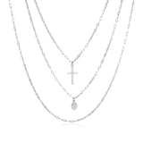 Sterling Silver 18 inch Three Strand Necklace with Cross and Religious Medal-rx87303-18