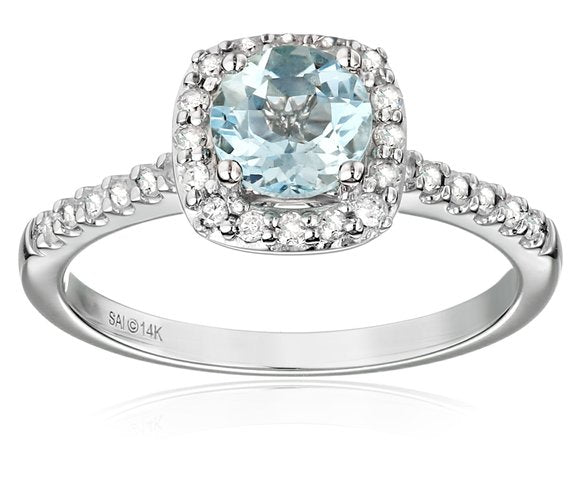 14k White Gold Aquamarine and Diamond Halo Engagement Ring - 01AQ12