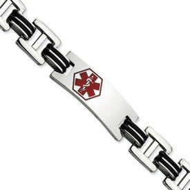 Stainless Steel Black Rubber Red Enamel Medical Bracelet  - 01BR21