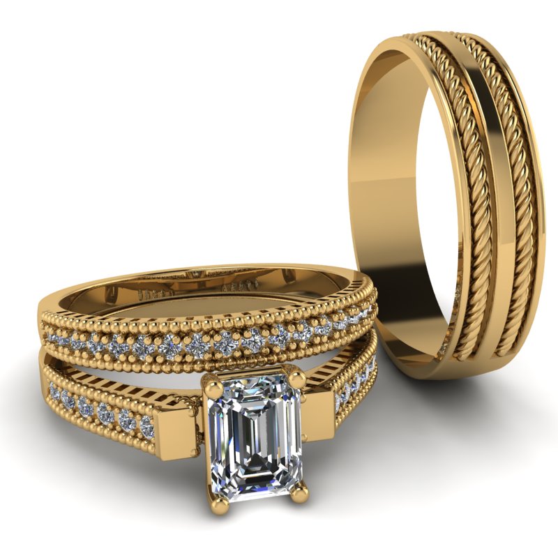 1.32ct Emerald Cut Diamond Gold Complete Wedding Set - 01BS41E