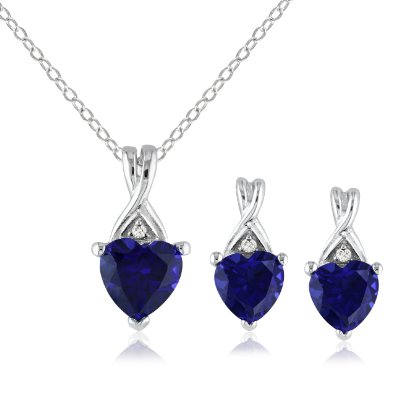 Sterling Silver Created Blue Sapphire and Diamond-Accent Heart Earrings and Pendant Necklace Set - 01SS12