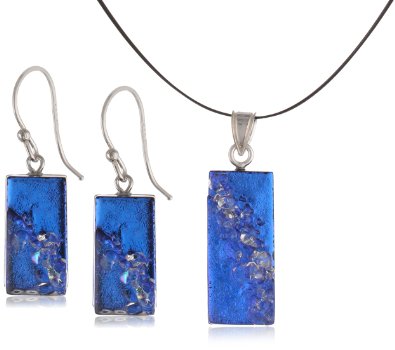 Sterling Silver Dichroic Glass Blue with Clear Glass Sprinkles Rectangular Set - 01ss13