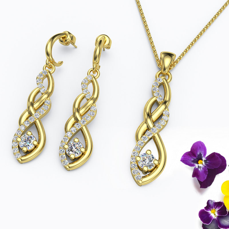 Gold Diamond Twist Earrings and Pendant Necklace - 01SS43