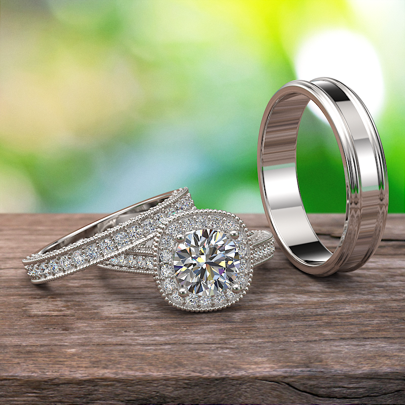 1.9ct Brilliant Diamond Gold Halo Complete Wedding Set - 01US30B