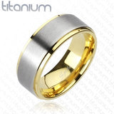 Solid Titanium 2-Tone Brushed Center Gold IP Edges Band Ring - 02BB29