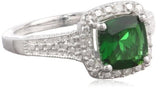 Sterling Silver Simulated Emerald and Diamond Cushion Ring - 02EM28