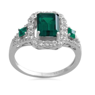 Sterling Silver with Square and Emerald Shape Emerald Diamond Ring - 02EM51