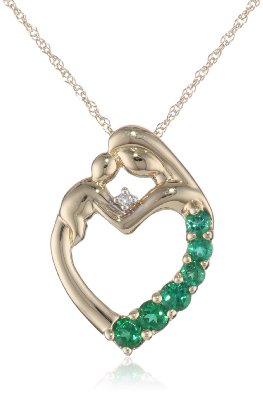 Yellow Gold Created Emerald and Diamond Mother Holding Child Pendant - 02EM59