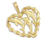 14k Yellow Gold Three Dolphins Heart Rope Pendant - 02NN20