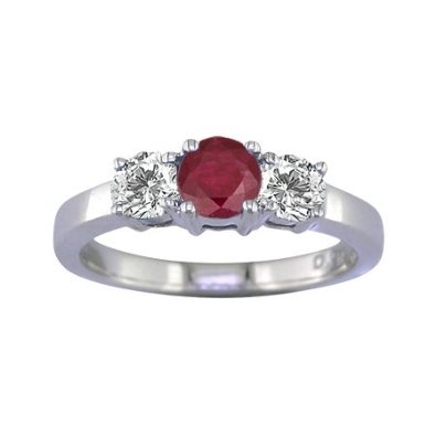 3 Stone Ruby & Diamond Ring 14K White Gold