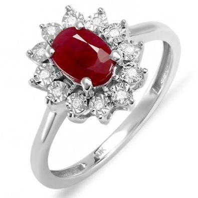 White Gold Real Round Diamond Real Oval Red Ruby Royal Engagement Ring