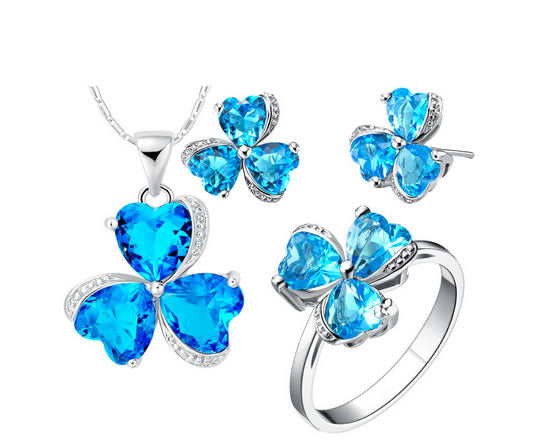 Sapphire Ruby Purple Heart CZ Zircon 3 Leaves Jewelry Set - 02SS04