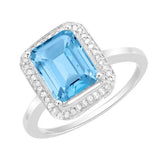 Blue Color Emerald Topaz and Diamond White 14K Gold Engagement Ring