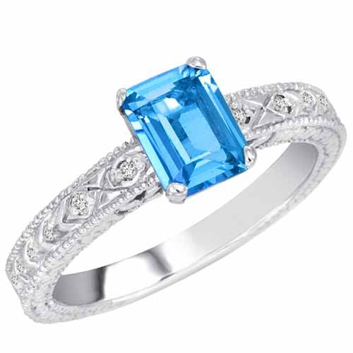 14K Gold Blue Topaz and Round Diamond Ring