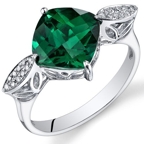 14K White Gold Cushion Emerald Diamond Ring - 02TP23