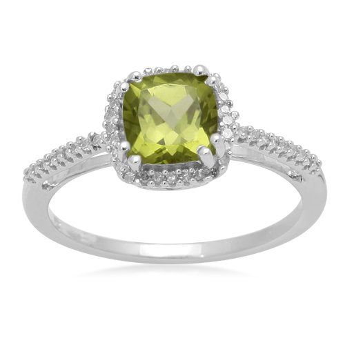 10k White Gold, August Birthstone, Peridot and Diamond Cushion Ring - 02TP33