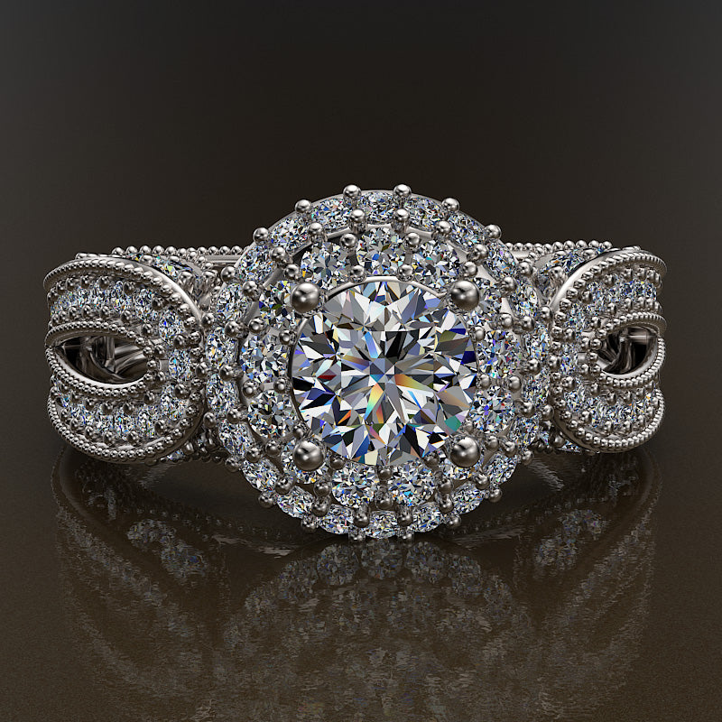 1.3ct Round Cut Diamond Halo Gold Engagement Ring - 02US03