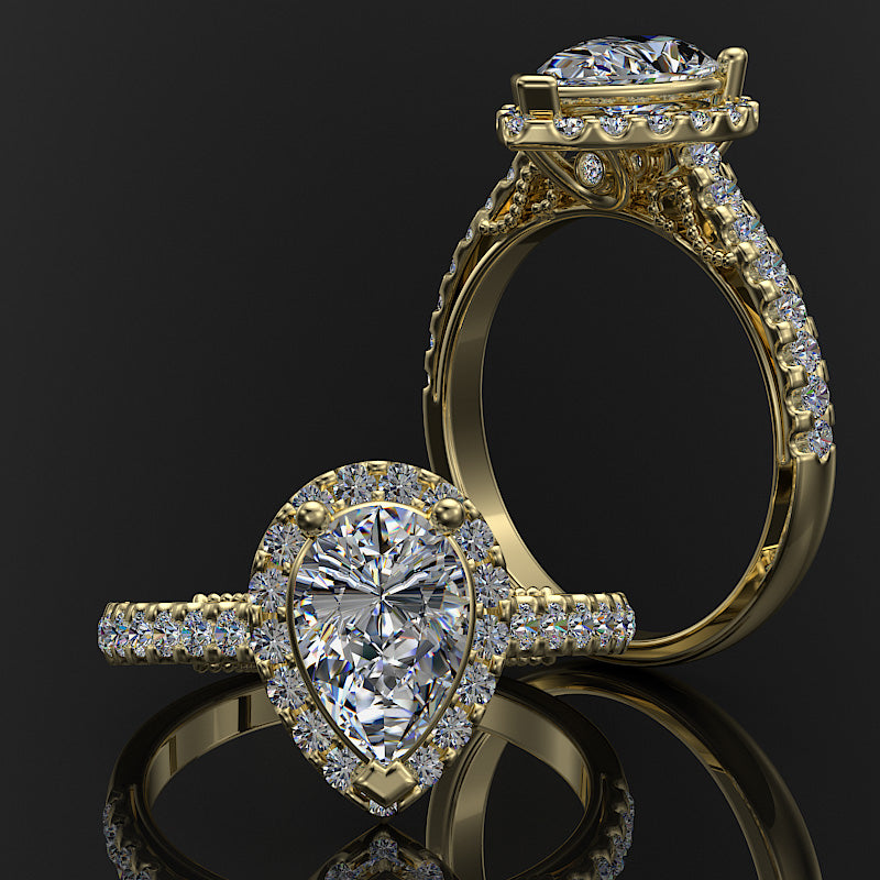 Gold Pave Halo and Shank 1.25 Carat Diamond Engagement Ring (Pear Centre) - 02US08