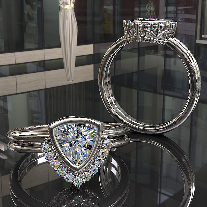 Trillion Bezel Set Diamond Complete Wedding Set - 02US09