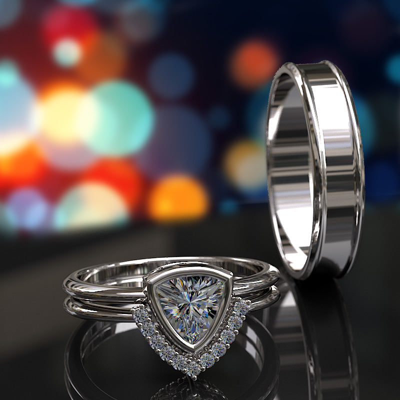 Trillion Bezel Set Diamond Complete Wedding Set - 02US09