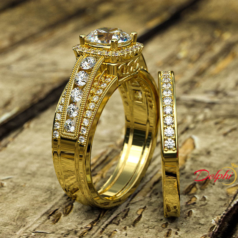 Bridal Set Halo Engagement Ring in 1.3ct Round Diamond - 02US25B