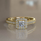Classic 0.58ct Princess Cut Diamond Halo Gold Engagement Ring - 02US35
