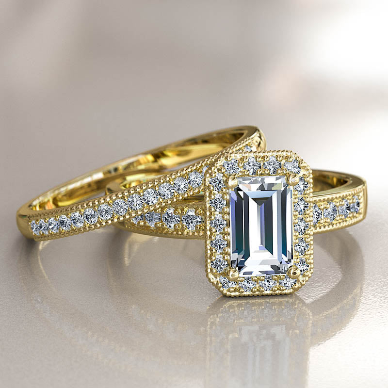 1.6ct Baguette Diamond Gold Halo Bridal Set -  02US38