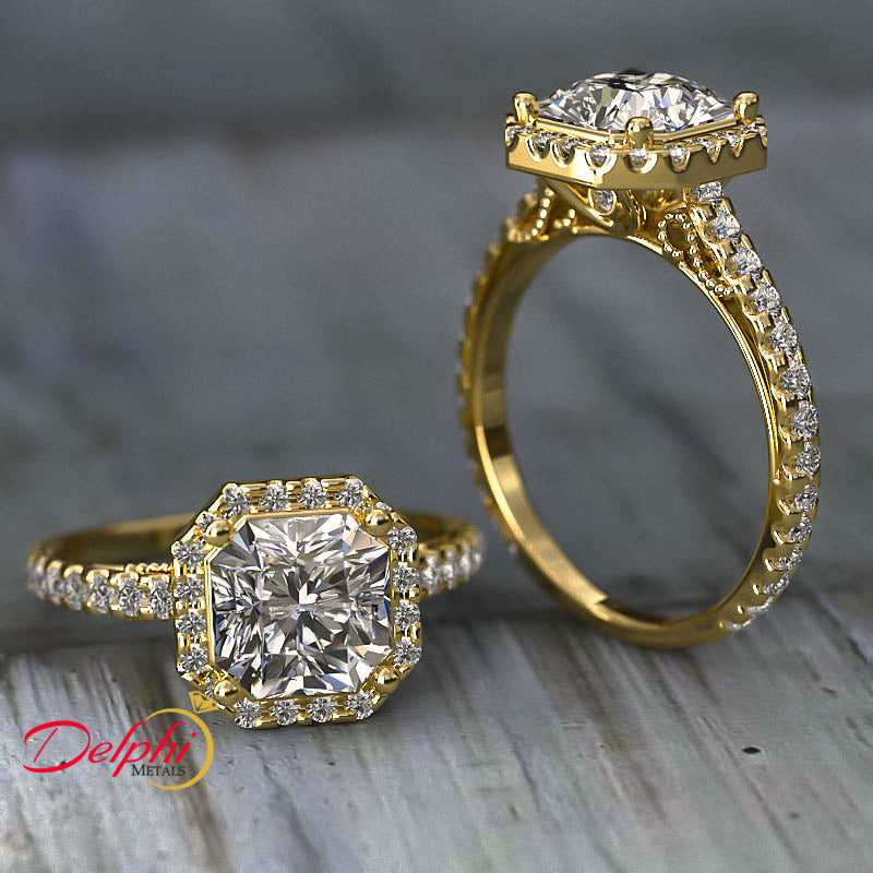 Gold Pave Halo and Shank 2.74 Carat Diamond Engagement Ring (Radiant Centre) - 02US61
