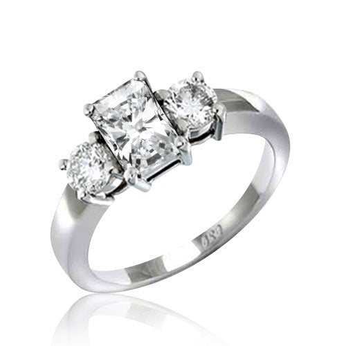 Sterling Silver 1.5 ct Emerald Cut CZ Three Stone Engagement Ring