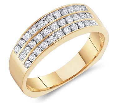 14k Yellow Gold 3 Three Row Mens Diamond Wedding Band