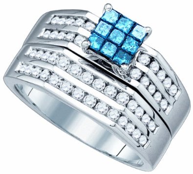 White Gold .88ct Blue Diamond Center  Bridal Set Ring - 03RG11
