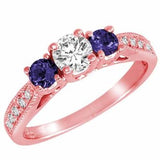 Rose Gold Round 3 Stone Diamond and Blue Sapphire Ring With Milgrain Pave Set Shank (0.95 ctw) - 03RG40