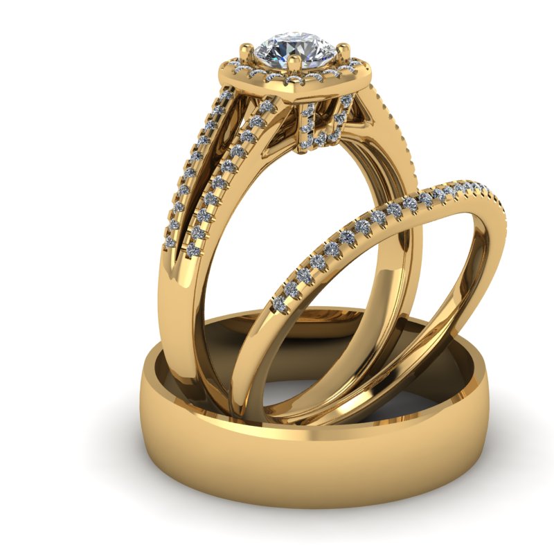 0.77ct Brilliant Cut Split Shank Gold Halo Complete Wedding Set - 03US89