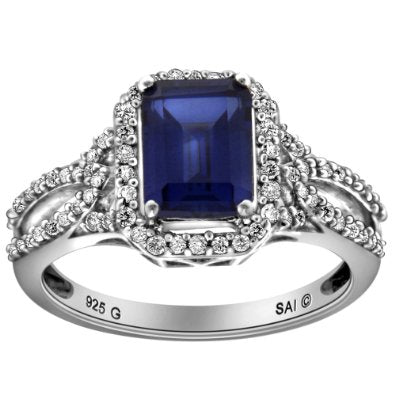 Sterling Silver Created Ceylon Sapphire and Diamond Octagon Ring - 04AB09