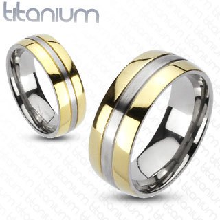 2 Solid Titanium 2-Tone Gold IP Edges Band Ring Set - 05AB08