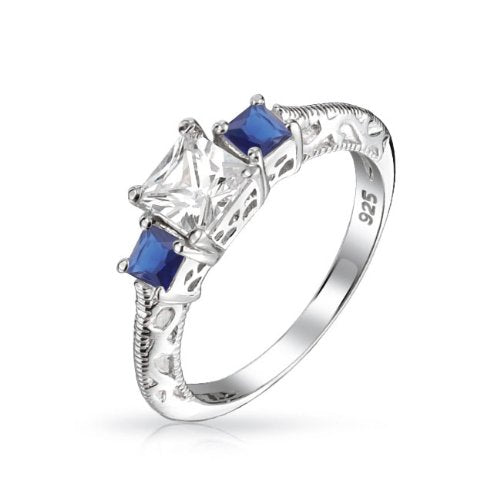 3 Stone Sapphire Color Princess Cut Engagement Ring - 05AB78