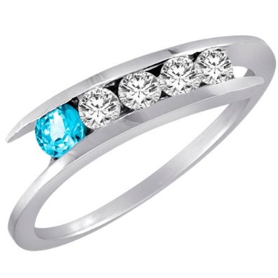 White Gold 5 Stone Graduated Channel Set Round Diamond & Blue Topaz Accented Ring