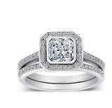 MicroPave CZ Sterling Silver 2 Piece Asscher-Cut Framed Bridal Ring Set - 07AB41
