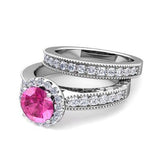 Diamond and Pink Sapphire Halo Engagement Wedding Ring Set  -07SS12