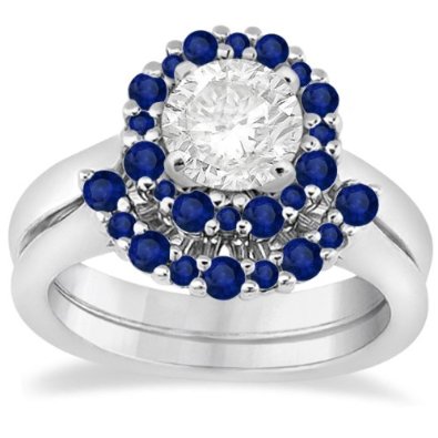Halo Style Blue Sapphire Prong Set Engagement Ring - 07SS16