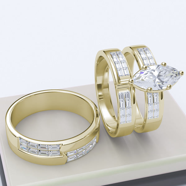 Solid Yellow and White Gold Trio Three Piece Ring Set - 08GG01