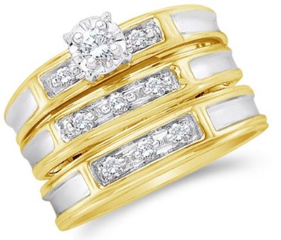 Yellow and White Two Tone Gold Diamond Mens and Ladies Couple His & Hers Trio