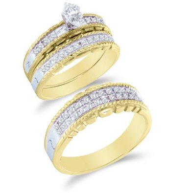 Two Tone Gold Diamond Mens and Ladies Trio Set
