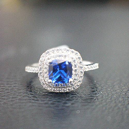 Sterling Silver Sapphire Halo Engagement Ring - 10AB12