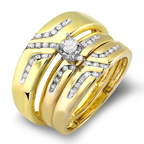 10K Yellow Gold Round White Diamond Men & Women's Wedding Set