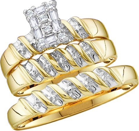 10k Yellow Gold Round Diamond Men & Ladies Trio Set