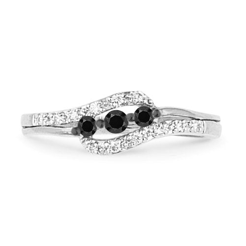 Gold Round Diamond Black And White Three Stone Bypass Engagement Ring
